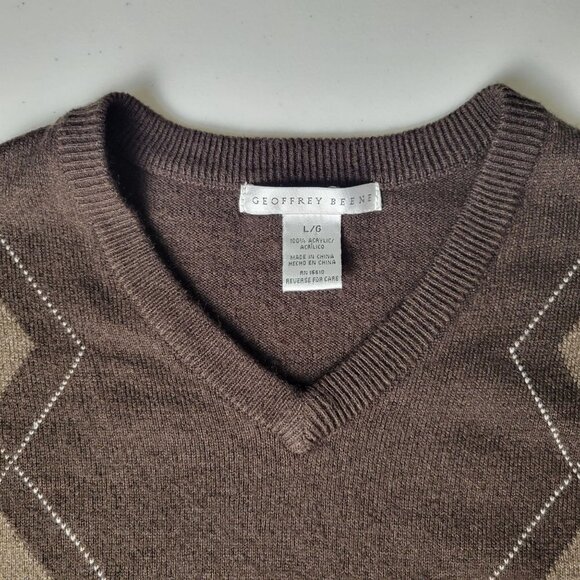 Geoffrey Beene VTG 90s Mens L Brown Argyle V Neck Cozy Pull Over Grandpa Sweater - Picture 4 of 10